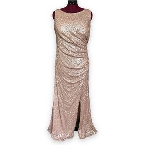 Adrianna Papell size 14W Sequin blush champagne cowl back sleeveless ruched gown